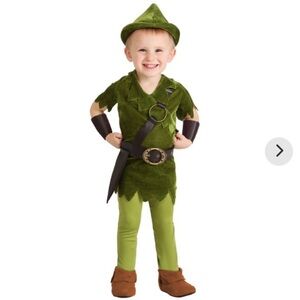 Toddler Peter Pan Costume with Hat, Shirt, Tights, Belt/Harness and Wrist Cuffs